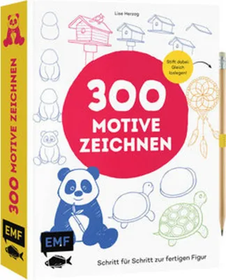 Produktbild von Zeichenbuch für Zeichenanfänger und Familien, 300 Motive, Schritt-für-Schritt-Anleitungen, einfache Formen, Mitnahmeformat, mit Mitmachseiten