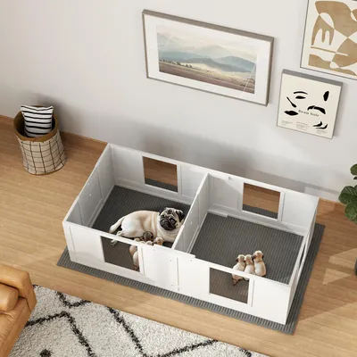Produktbild von Welpenbox Hund mit Acrylpaneelen, 2-Raum-Wurfbox, Kiefernholz MDF, Weiß | 164 x 80 x 48 cm | 17 kg | Welpenauslauf