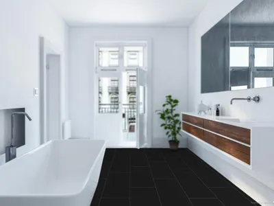 Produktbild von Falquon | 1,92 m² | Schwarz 400x800x6 mm Rigid Vinyl SPC Bodenbelag, The Floor SPC Stone U190 Fliesenoptik, Klick Verbindung, wasserresistent, mit Trittschalldämmung, fuer Fussbodenheizung geeignet, Nutzungsklasse 23 34