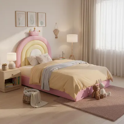 Produktbild von okwish Kinderbett Jugendbett 90×200 cm mit Lattenrost und Kopfteil in Regenbogenform, Polsterbett Stauraumbett für Jungen und Mädchen mit Bettkasten(Ohne Matratze)- Rosa