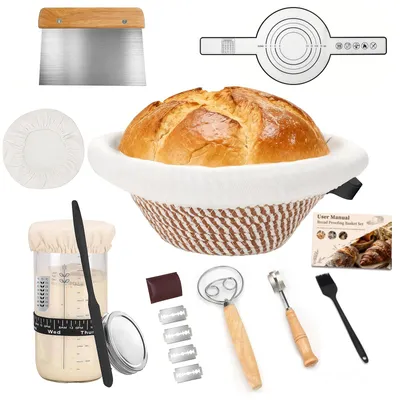 Produktbild von 25cm Rattan Gärkorb Set 10-teilig – Komplettes Brotback-Set mit Sauerteig-Glas 24 oz, Backmatte, Brotschneider 5 Klingen, für Anfänger & Profis