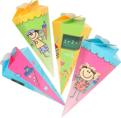 Produktbild von com-four® 4x Schultüte 30cm, Geschwisterschultüten aus Pappe, faltbare Zuckertüte für die Einschulung zum Schulanfang, Geschenkverpackung für Schulanfänger