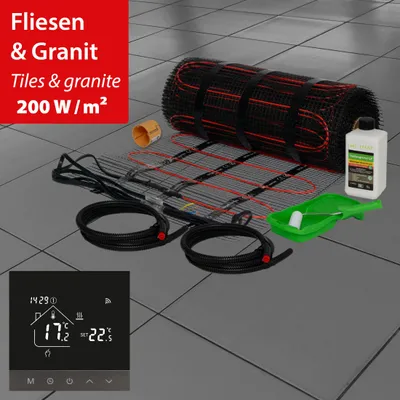 Produktbild von Elektrische Fußbodenheizung Dünnbettheizmatte 200Watt Komplett Set Thermostat Fliesen 3,0m²