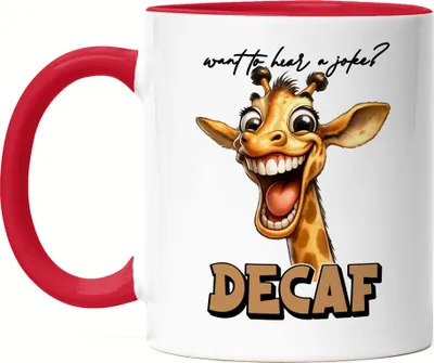 Produktbild von Want to hear a joke decaf Tasse Rot lustiger Spruch Decaf Kaffee Giraffe