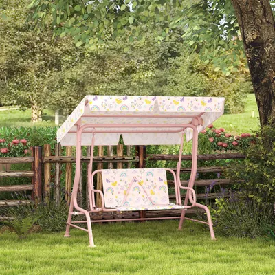 Produktbild von Gartenschaukel mit Baldachin, Kinder Hollywoodschaukel 2-Sitzer, Stahlrahmen rutschfest, Rosa | abnehmbares Sonnendach | 60 kg | 112x75x120 cm