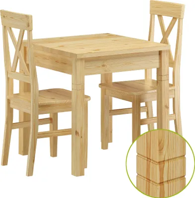 Immagine prodotto di Set tavolo da pranzo quadrato con zampe con 2 intagli e 2 sedie in Pino 90.70-50B-Set23