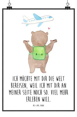 Produktbild von Mr. & Mrs. Panda Bild Bär Flugzeug DIN A4 - Weiß - Geschenk, für Frauen, Mitbringsel, drucke, Freundin, Plakat, Kunstdruck, Hochzeitstag, Partner, wanddeko, Wandbild