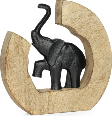 Image de Figurine décorative éléphant en aluminium noir sur socle en bois de manguier 24 x 3,5 x 23 cm moderne élégant figurine animale sculpture salon étagère décoration de table figurine éléphant