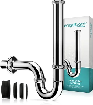 Produktbild von Engelbach® Siphon Waschbecken extra Lang 200mm 1 1/4 inkl. Gummimanschette, Chrom