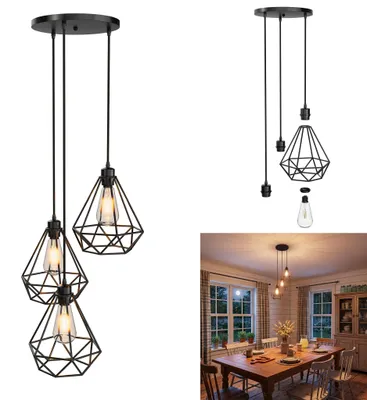 Produktbild von XINZI 3-flammige Vintage Pendelleuchte Industriedesign Mattschwarz Metall höhenverstellbar bis 150cm Warmweiß Runde Basis für Esszimmer Küche