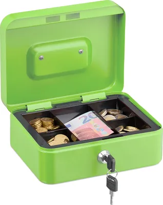 Image de Coffre-fort Relaxdays verrouillable, compartiment amovible, 5 compartiments, coffre-fort en fer, H x l x P : 8,5 x 20 x 17 cm, vert