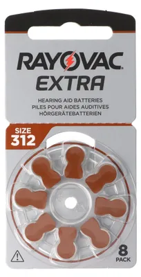 A retail package of Rayovac Extra hearing aid batteries.