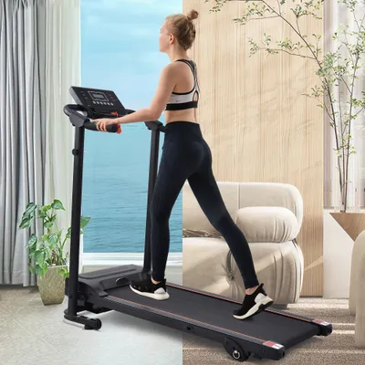 Obrázek produktu pro Fitness běžecký pás s LED displejem| 1-12 km/h | 12 programů | Držák podložky/mobilního telefonu | Kompaktní skládací (černý)