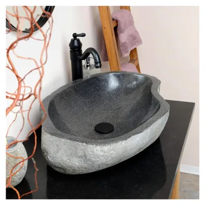 Produktbild von Ovales Naturstein Waschbecken 60 cm in Grau aus indonesischem Flussstein - Mit Unikat Auswahl