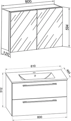 Immagine prodotto di 3 pz. lavabo lavabo | gabinetto lavabo larghezza 80 cm | set mobili bagno appeso con due cassetti armadio a specchio | Badinos
