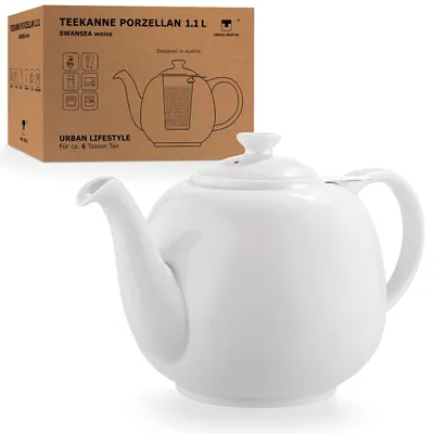Teekanne mit Infuser 1,1 L, Porzellan, Edelstahlfilter, 800 ml, Weiß