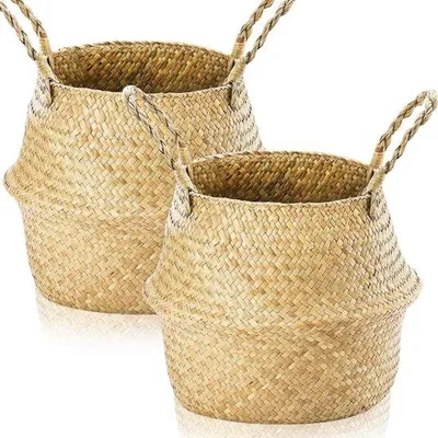 Produktbild von Geflochtener 2er Set von Seegras-Regalen, Seegras-Topf, geflochtener Pflanzenkorb, Wäschekorb, geflochtener Korb für Decken, Regal für Pflanzenspielzeug (L 32×28 cm)
