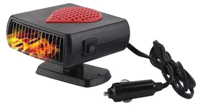 A black car heater with a red top and a visible heating element, connected to a car cigarette lighter plug.