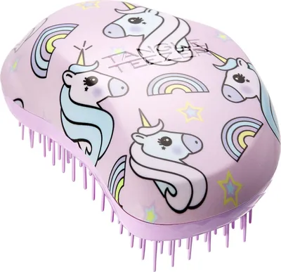 A pink hairbrush with a unicorn and rainbow pattern.