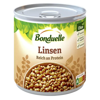 A can of Bonduelle lentils on a white background.