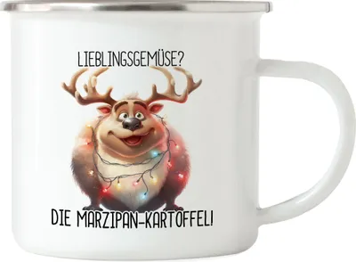 Produktbild von Lieblingsgemüse Marzipankartoffel Lustiges Rentier Emaille Tasse Lichterkette Adventsgeschenk