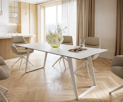 Produktbild von DELIFE Esstisch Edge 200x100 cm Keramik Laminam® Statuarietto Weiß Metall Schräg Weiß