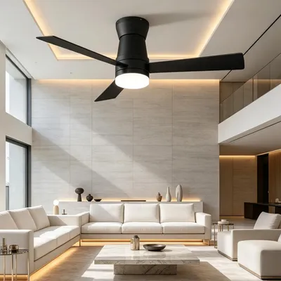 Obrázek produktu pro Stropní ventilátor INONEFT, 132 cm, s osvětlením a dálkovým ovládáním, 3 lopatky, tichý provoz, DC motor, 6 rychlostí, 3 teploty barvy, časovač, černá barva