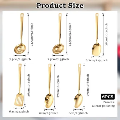 Imagen del producto de Juego de utensilios de cocina de acero inoxidable, de 6 piezas, que incluye cuchara, espátula, colador, ideal para la cocina