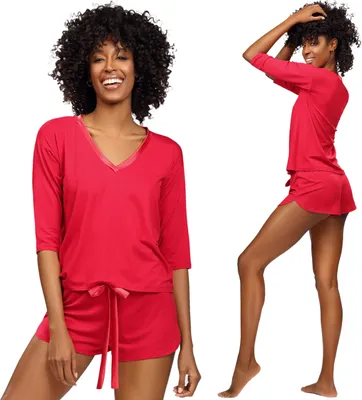 Produktbild von Dkaren EDITH Damen Schlafanzug Pyjama-Set mit Shorts Viskose, Rot, L