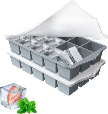 Produktbild von Famanu Eiswürfelformen Set aus 2 Silikon, 15 Fächer, stapelbarer Eiswürfelhalter mit Deckel, BPA-frei