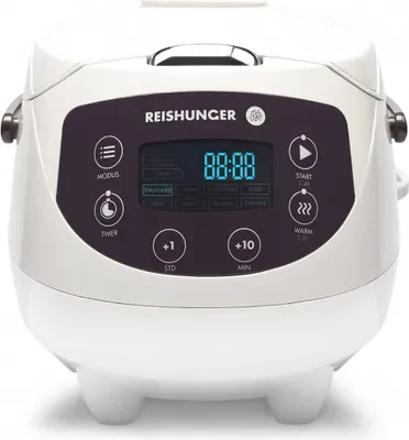 Produktbild von REISHUNGER Digitaler Reiskocher klein, weiß - 0,6 L bis 3 Personen - Warmhaltefunktion, Timer & Premium Topf - Kleiner Multikocher & Dampfgarer