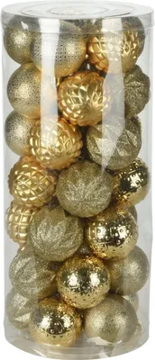 A clear plastic container filled with gold and silver Christmas ornaments.