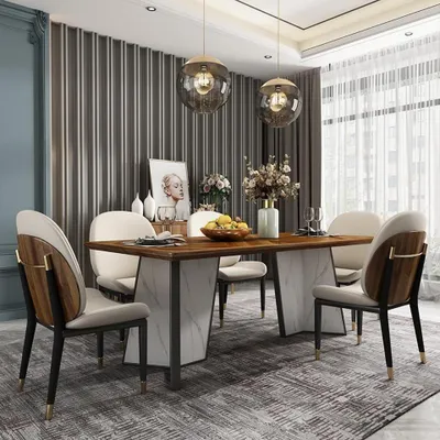 Produktbild von Tisch Esszimmer Garnitur Esstisch Stuhl Set 7tlg. Leder Edelstahl Lehn Stühle