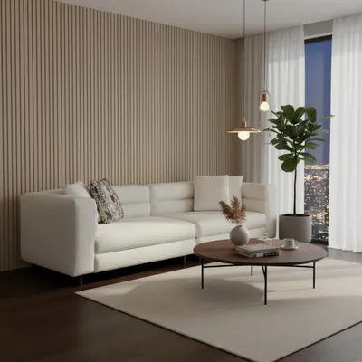 Productafbeelding van Comfortabele witte bank met houten poten, geschikt voor de woonkamer, AI-gegenereerde afbeelding