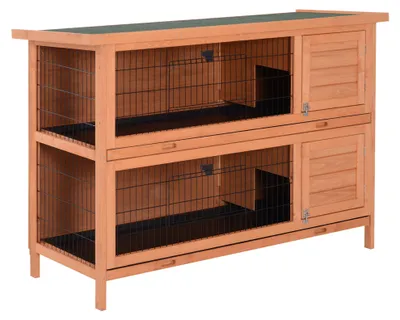 Produktbild von Hasenstall winterfest 2 Etagen Kaninchenstall Holz Bodenwanne Asphaltdach Türen 136,4 x 50 x 93 cm Orange