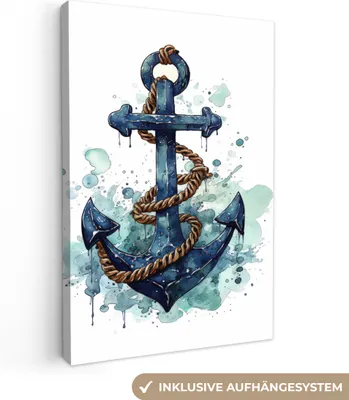 Produktbild von MuchoWow® - Leinwandbilder - Anker - Blau - Weiß - Maritim, Wandbild, Wanddeko Bilder Wohnzimmer, 20x30 cm