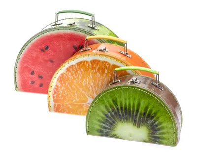 Produktbild von TURBO PRODUKTE 3 TLG. Set Kinderkoffer – Spielkoffer für Mädchen und Jungen rund mit Fruchtmotiv Melone, Orange, Kiwi - Ideal für Reisen und Ordnung i