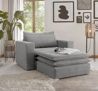 Produktbild von Loveseat Sessel Set "Pesaro" in hellgrau Cord Couch Loungesessel und Hocker