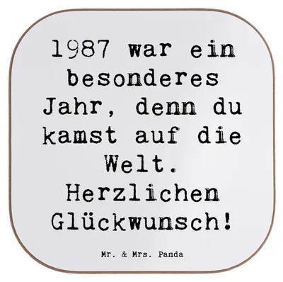 Produktbild von Mr. & Mrs. Panda Untersetzer Glas Spruch 1987 Geburtstag - Weiß - Geschenk, Geburtsjahr, Jahrgang, Alter, Geburtstagsjahr, für Gläser, gläseruntersetzer, Happy Birthday