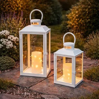Produktbild von 2er Gartenlaternen Laternen Metall Windlicht Weiß H24/33cm