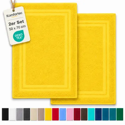 Produktbild von Komfortec Badematte 2er Set 50x70 cm, 100% Baumwolle, 600 g/m², Extra Weich & Saugstark, Frottee Duschvorleger,  Waschbar Duschmatte, Gelb