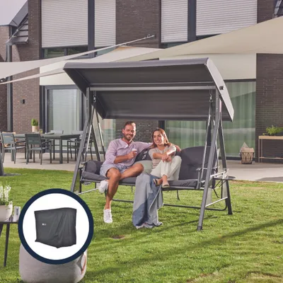 Produktbild von HOME DELUXE - Hollywoodschaukel DESCANSO Grau mit Abdeckung - 3-Sitzer, B/H/L 115cm x 195cm x 198cm, inkl. Getränkehalter, Sitz- und Rückenkissen I Gartenliege Gartenlounge Schaukelliege