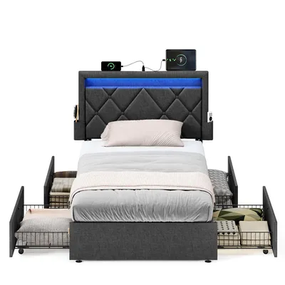 Obrázek produktu pro VASAGLE Dvojlůžkový rám, postel, 90 x 200 cm, LED, kovová postel, 4 zásuvky, nabíjecí stanice, polstrované čelo s nastavitelnou výškou, břidlicově šedá