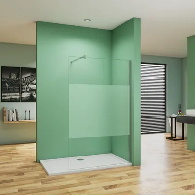 A modern bathroom with a walk-in shower.
