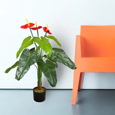 Produktbild von Anthurie Flamingoblume Kunstpflanze Künstliche Pflanze 90 cm Kunstblume Innendekoration Kunst Pflanze wie echt im Topf Decovego