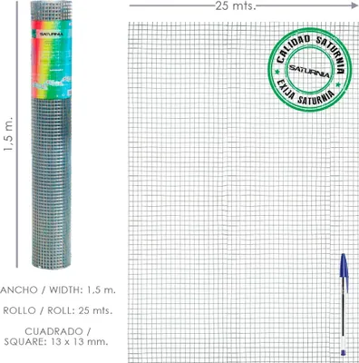 A roll of wire mesh is shown next to a grid pattern representing the mesh, with product specifications and branding.