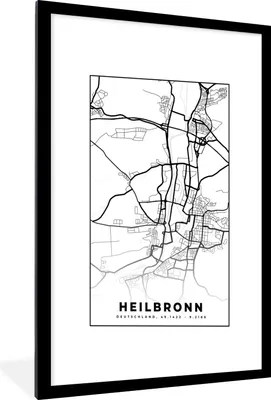 Produktbild von MuchoWow® Gerahmtes Poster Karte - Heilbronn - Stadtplan 60x90 cm - Poster mit Schwarzem Bilderrahmen Wandposter Rahmen Foto Bilder - Dekoration - Wandposter Wohnzimmer - Hochwertig