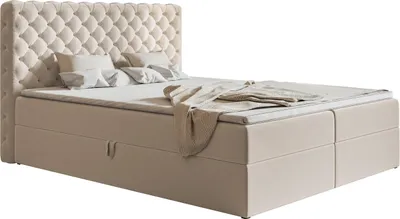 Produktbild von Posteľ boxspring 160x200 cm Doro - manželská posteľ s matracom a topperom - dizajn Chesterfield, Glamour, dve zásuvky na posteľ - zamatová látka (béžová - Amor Velvet 4304)