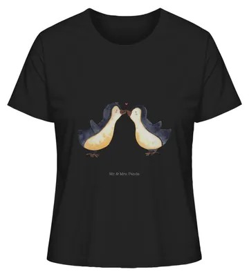 Produktbild von Mr. & Mrs. Panda Frauen T-Shirt Pinguin Liebe Größe S - Schwarz - Geschenk, Damen Basic, Rundhals, Kurzarmshirt, Hochzeitstag, Baumwoll, Große, Freundin, Vertraut