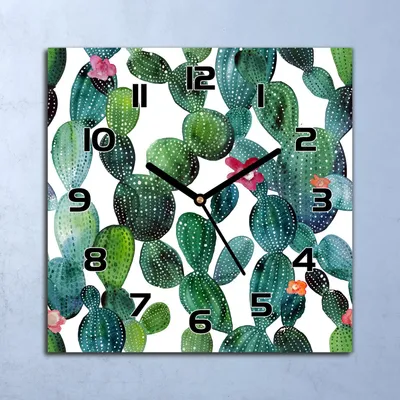 Produktbild von Wanduhr Echt-Glas-Küchenuhr Kakteen mit Blumen Quarz 30x30 Deko Bilder